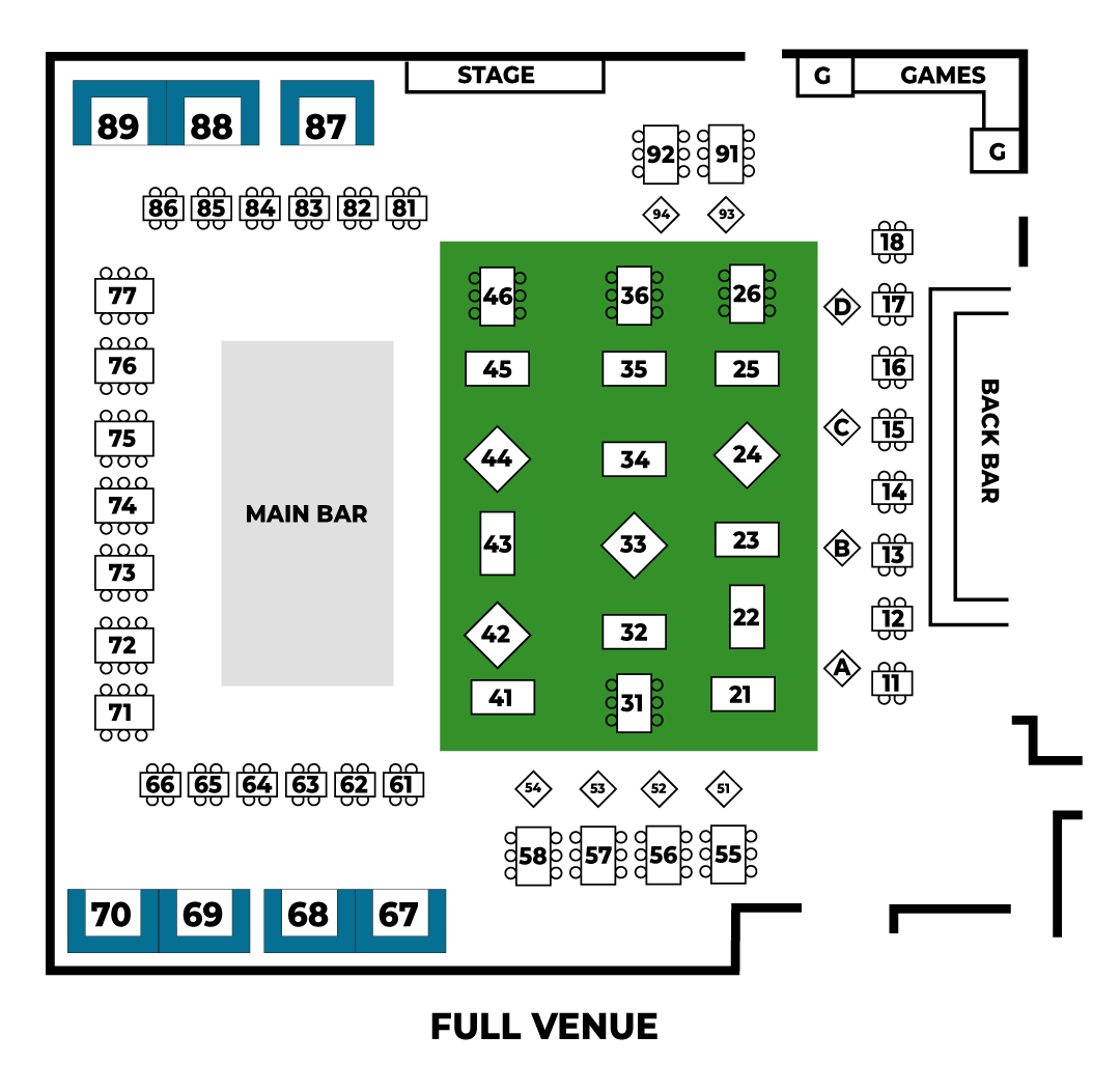 Floor plan layout of Backyard Desert Ridge showing numbered tables and the main bar