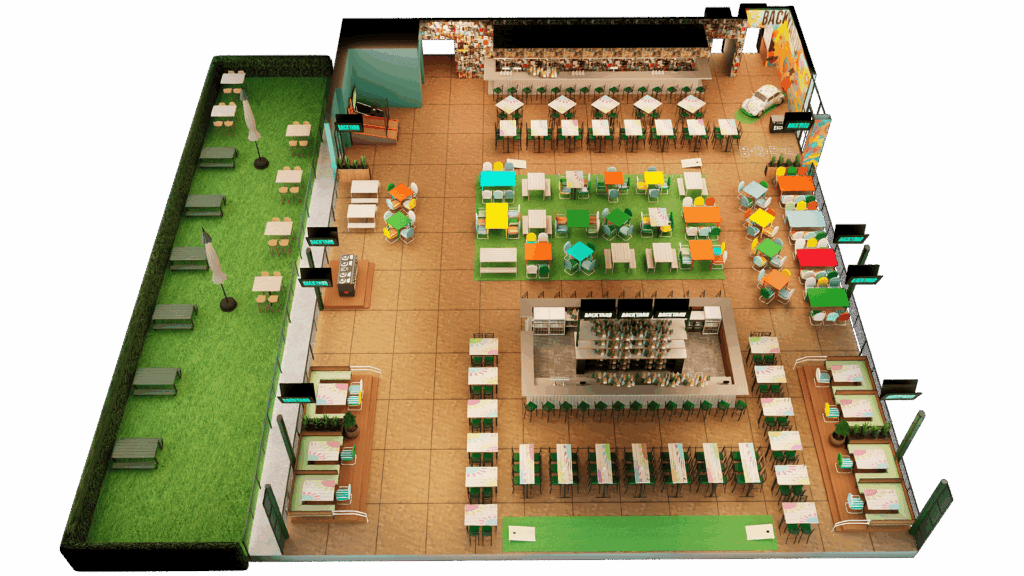 Top-down view of a colorful restaurant layout with indoor and outdoor seating, a central bar, green turf dining areas, and various table arrangements.