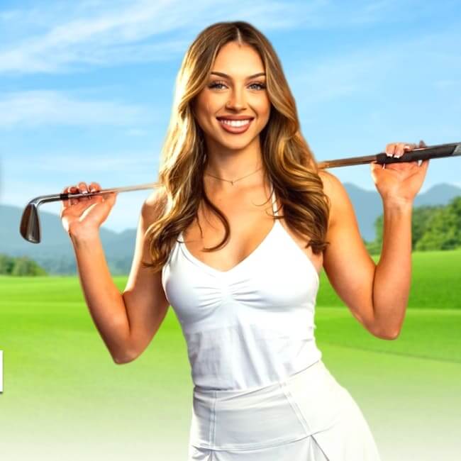 Smiling woman holding a golf club on a green golf course with mountains in the background Title: Woman golfer posing on a scenic golf course